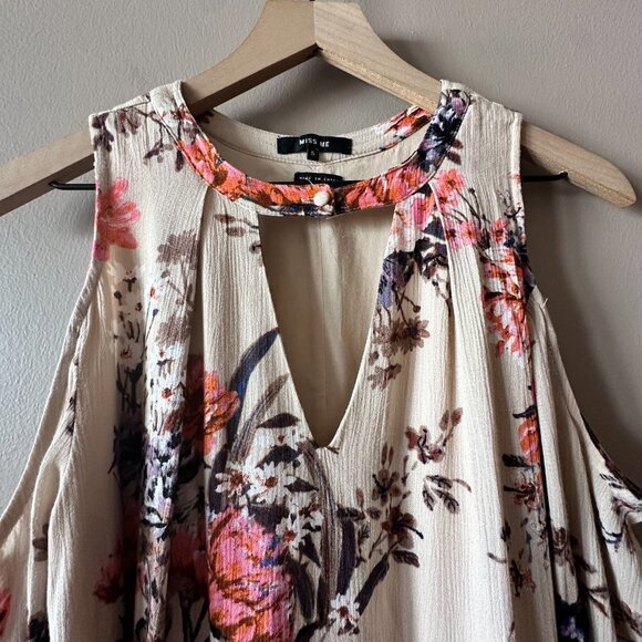 Women's S Miss Me Floral Tan Tunic Top Exposed Shoulder V neck - Picture 4 of 8